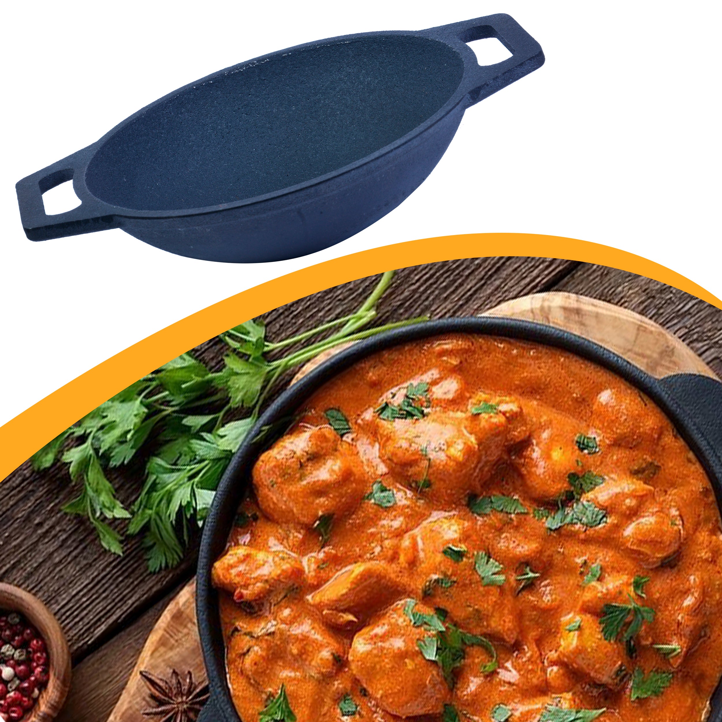 Cast Iron Kadai Pre-Seasoned Double Handle Smooth Finish (25 cm / 10 inch), Capacity - 2L