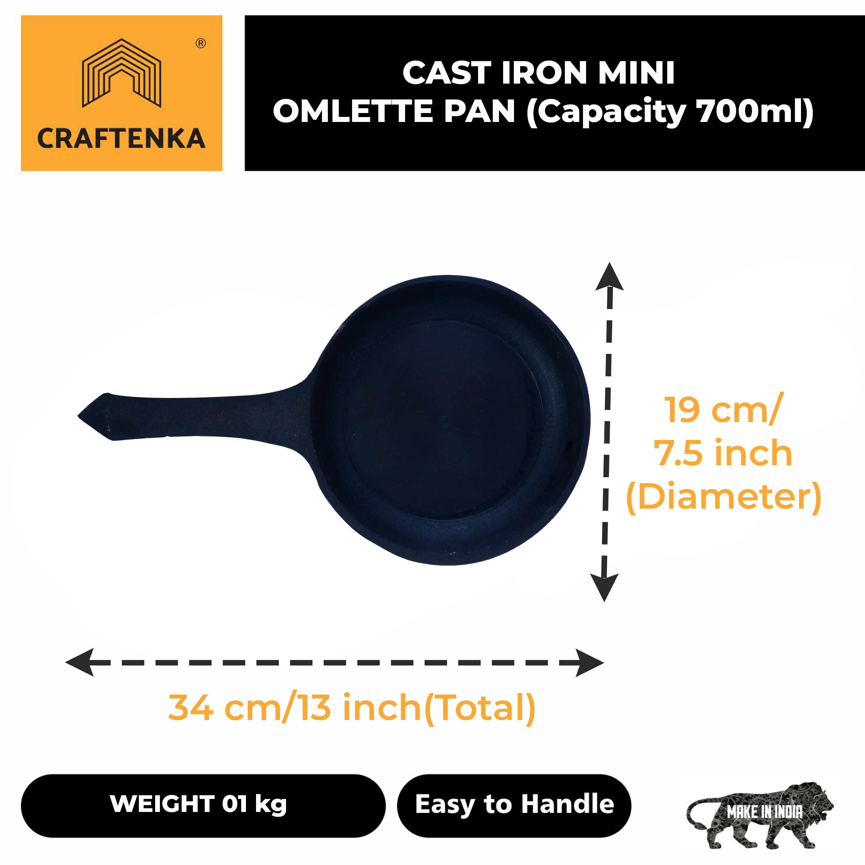 Cast Iron Mini Omlette Pan / Tadka / Fry Pan (19 cm / 7.5 inch)