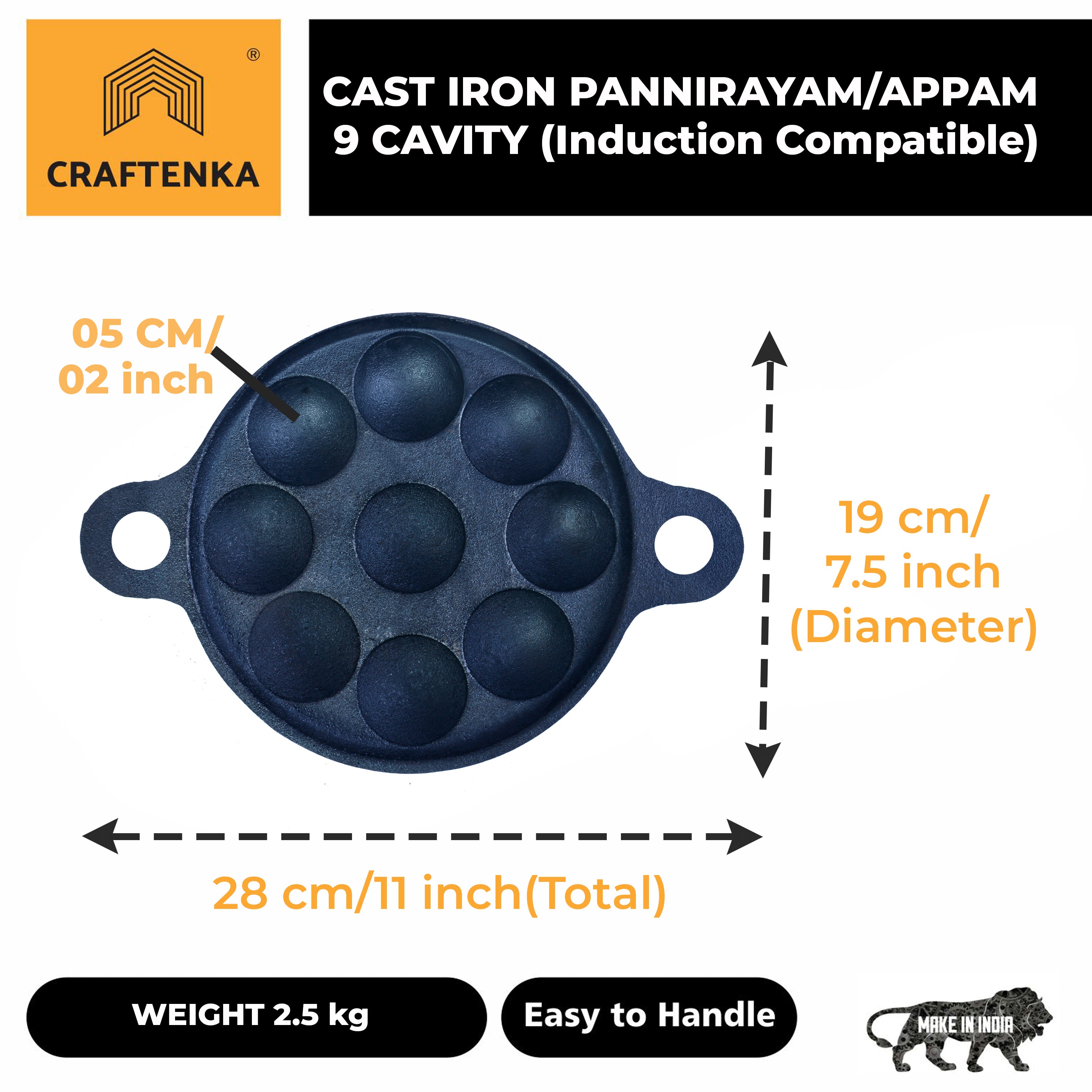 Cast Iron Panniyaram /Appam Pan-  9 cavity (11 inch / 28 cm), Induction & Gas Stove Compatible